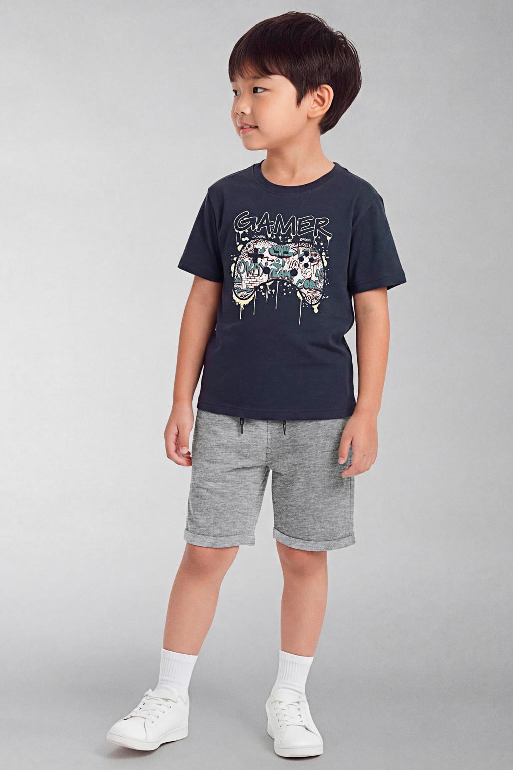 Donkerblauwe jongens NAME IT KIDS T-shirt van katoen met printopdruk, korte mouwen en ronde hals