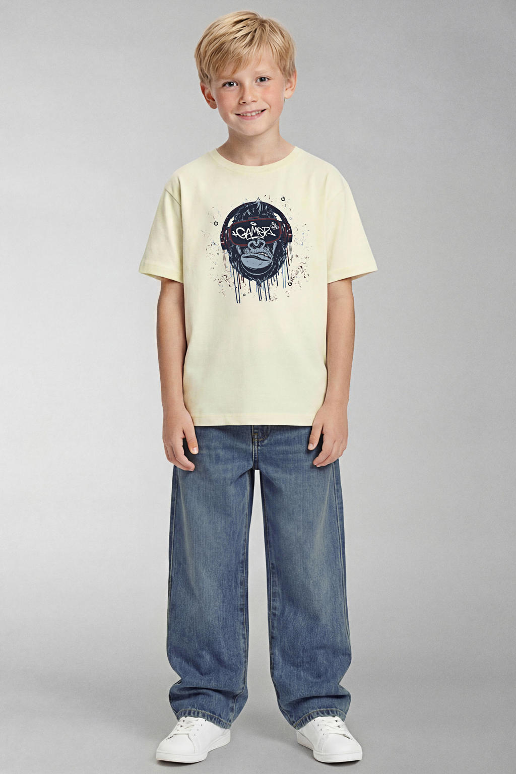 Lichtgele jongens NAME IT KIDS T-shirt van katoen met printopdruk, korte mouwen en ronde hals