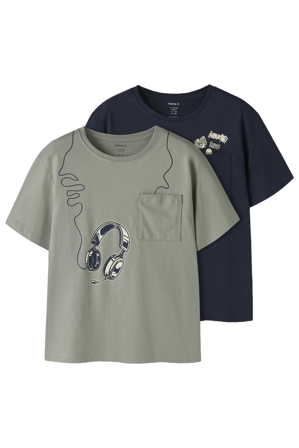 Set van 2 donkerblauw en grijze jongens NAME IT KIDS T-shirt groen van katoen met printopdruk en korte mouwen