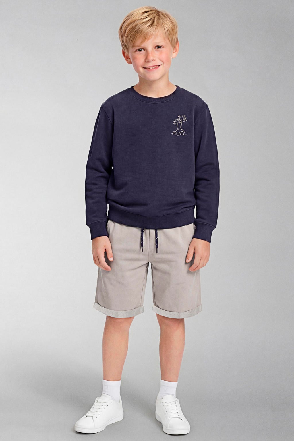 Donkerblauwe jongens NAME IT KIDS sweater met printopdruk, lange mouwen, ronde hals en geribde boorden