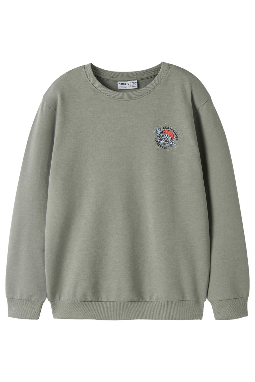 Grijsgroene jongens NAME IT KIDS sweater groen met printopdruk en lange mouwen