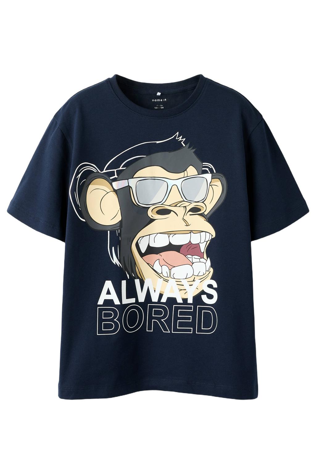 Donkerblauwe jongens NAME IT KIDS T-shirt van stretchkatoen met printopdruk, korte mouwen en ronde hals