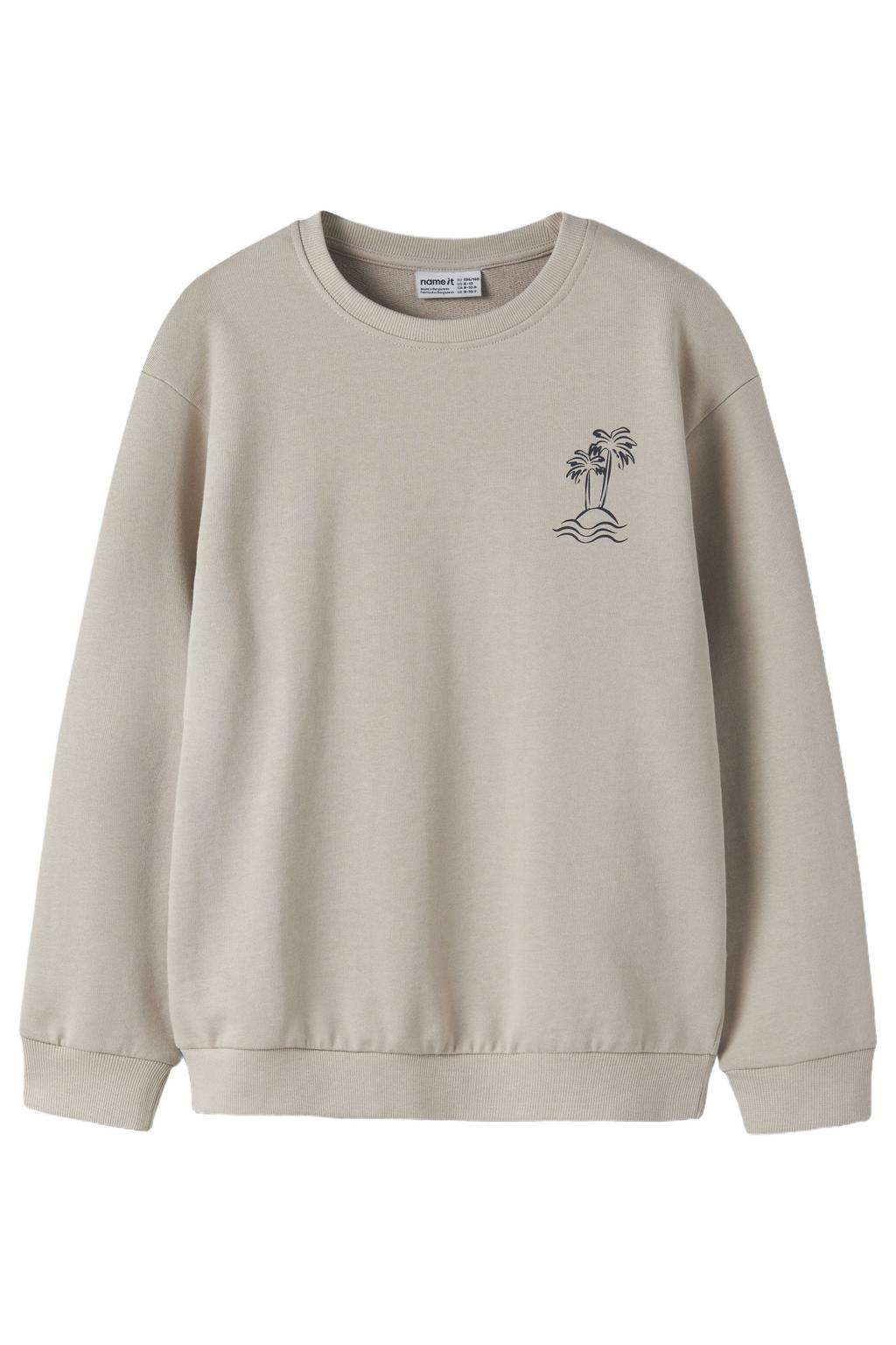 Zandkleurige jongens NAME IT KIDS sweater met printopdruk, lange mouwen, ronde hals en geribde boorden