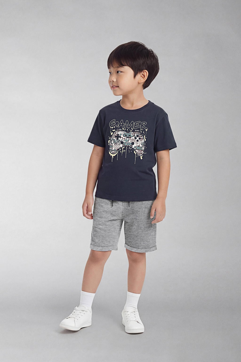 Grijs melange jongens NAME IT KIDS regular sweatshort melange met elastische tailleband met koord en effen