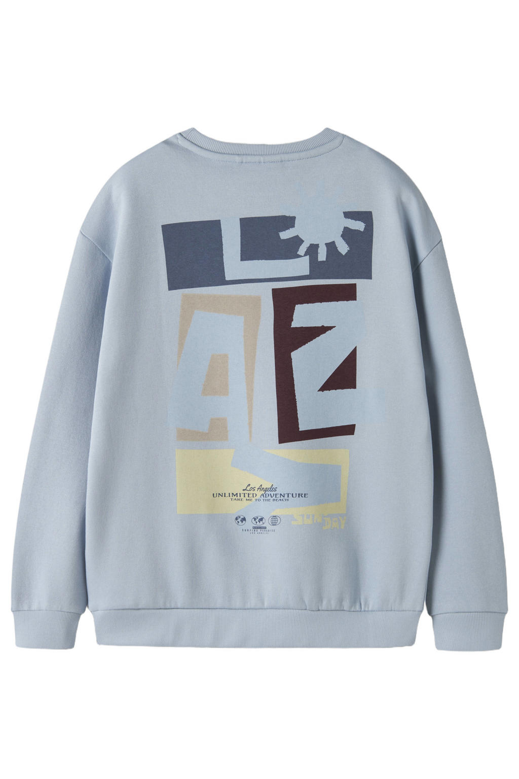 Lichtblauwe jongens NAME IT KIDS sweater met backprint, lange mouwen, ronde hals en geribde boorden