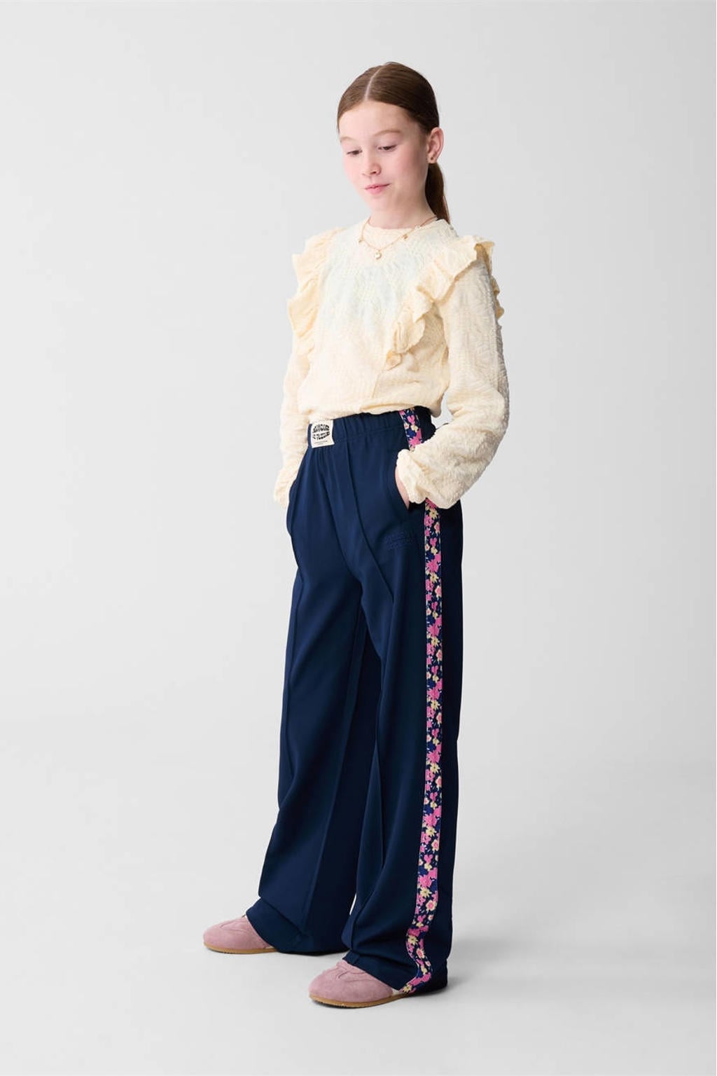 Donkerblauw en roze meisjes Shoeby wide leg gebloemde casual broek met high waist