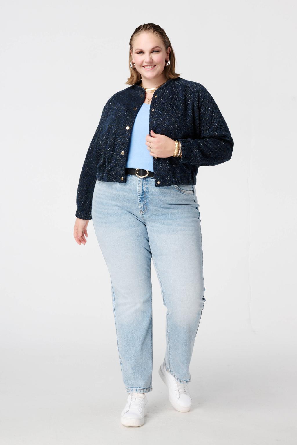 Donkerblauwe dames MS Mode jack van polyester met lange mouwen en klassieke kraag