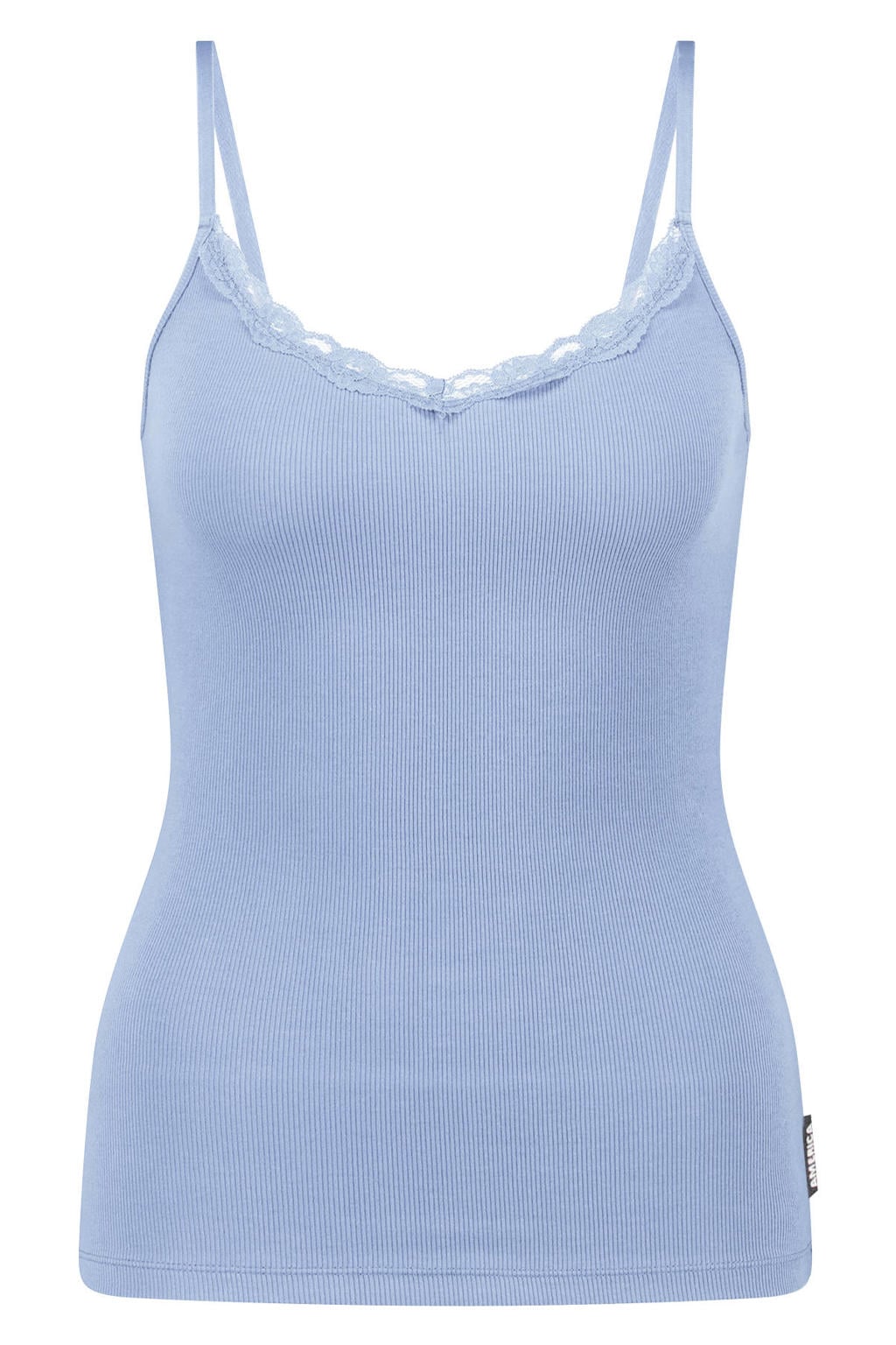 Lichtblauwe dames America Today singlet van katoen met effen, V-hals en kant