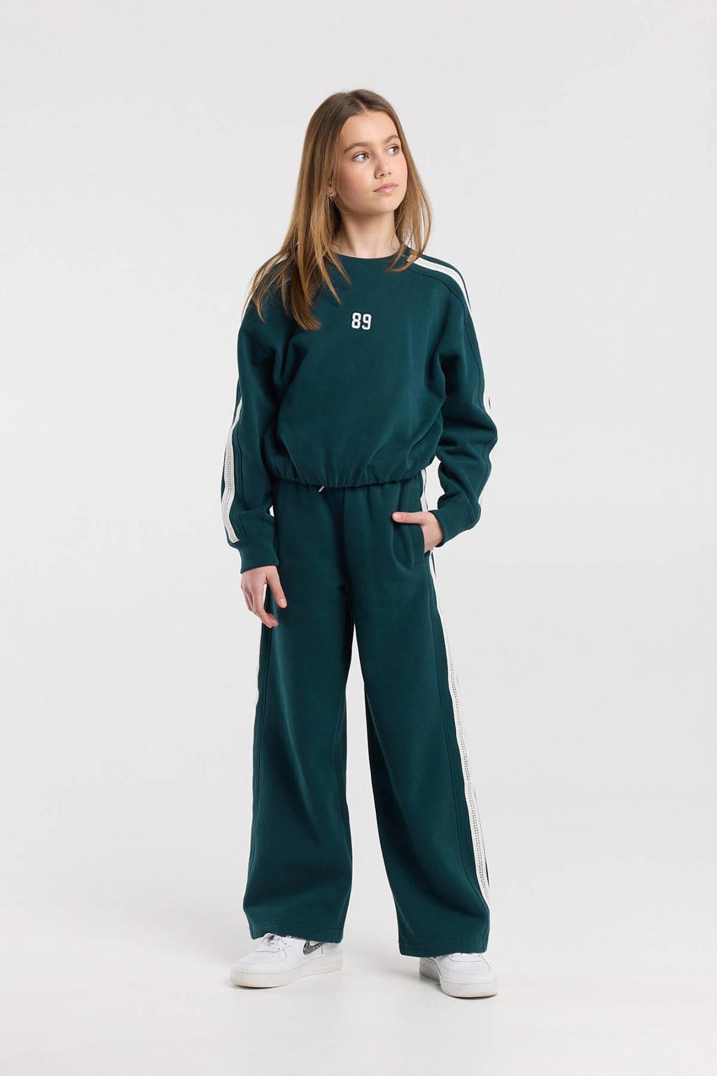 Groene meisjes America Today casual broek van sweat materiaal met elastische tailleband met koord en effen