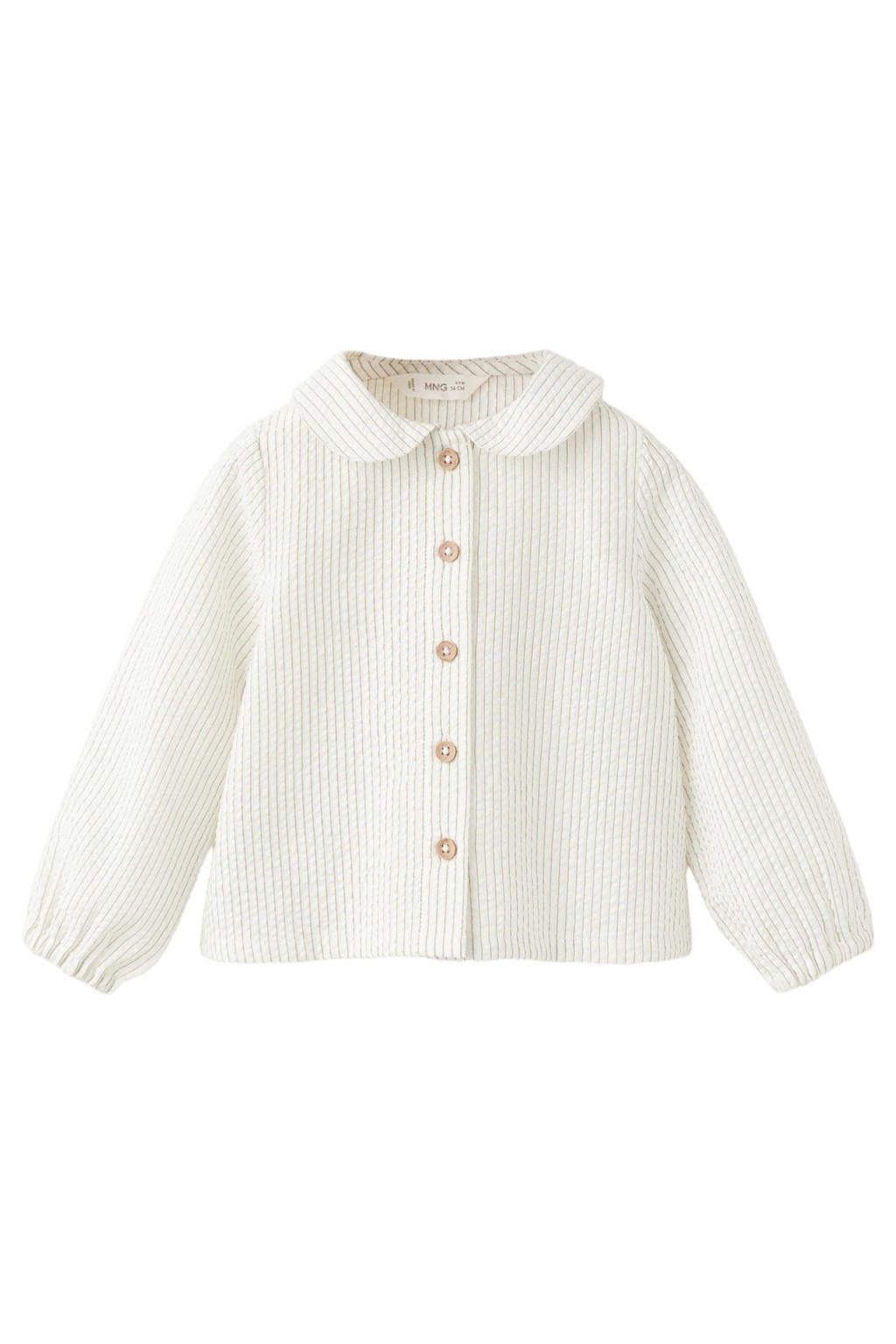 Ecru meisjes Mango Kids gestreepte blouse van katoen met lange mouwen, ronde hals, knoopsluiting en elastische boord