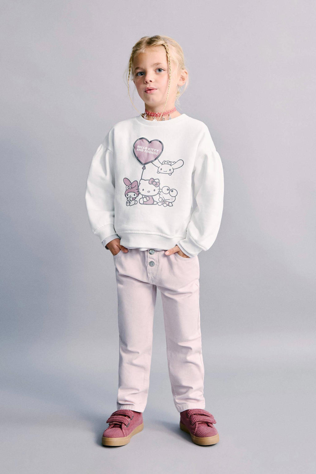 Lichtroze meisjes Mango Kids high waist straight leg jeans van denim met knoopsluiting en effen