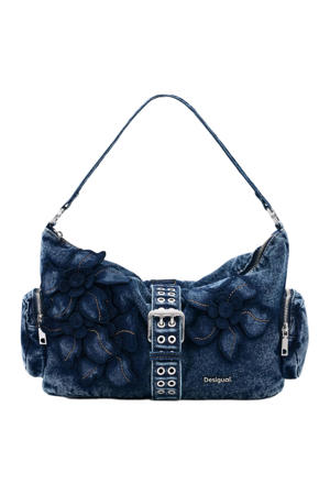denim schoudertas met bloemen blauw