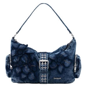denim schoudertas met bloemen blauw