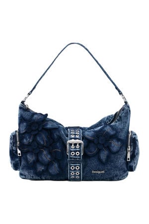 denim schoudertas met bloemen blauw