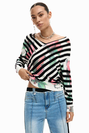 gestreepte gebloemde off shoulder trui zwart