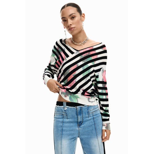 Desigual gestreepte gebloemde off shoulder trui zwart afbeelding