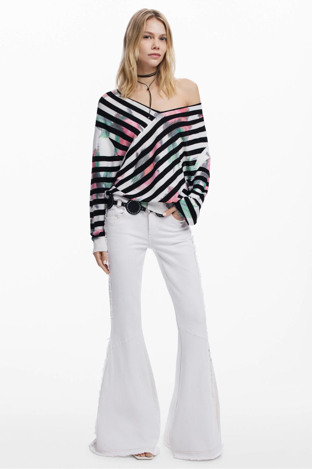 Zwarte dames Desigual gestreepte gebloemde off shoulder trui van viscose met lange mouwen en boothals