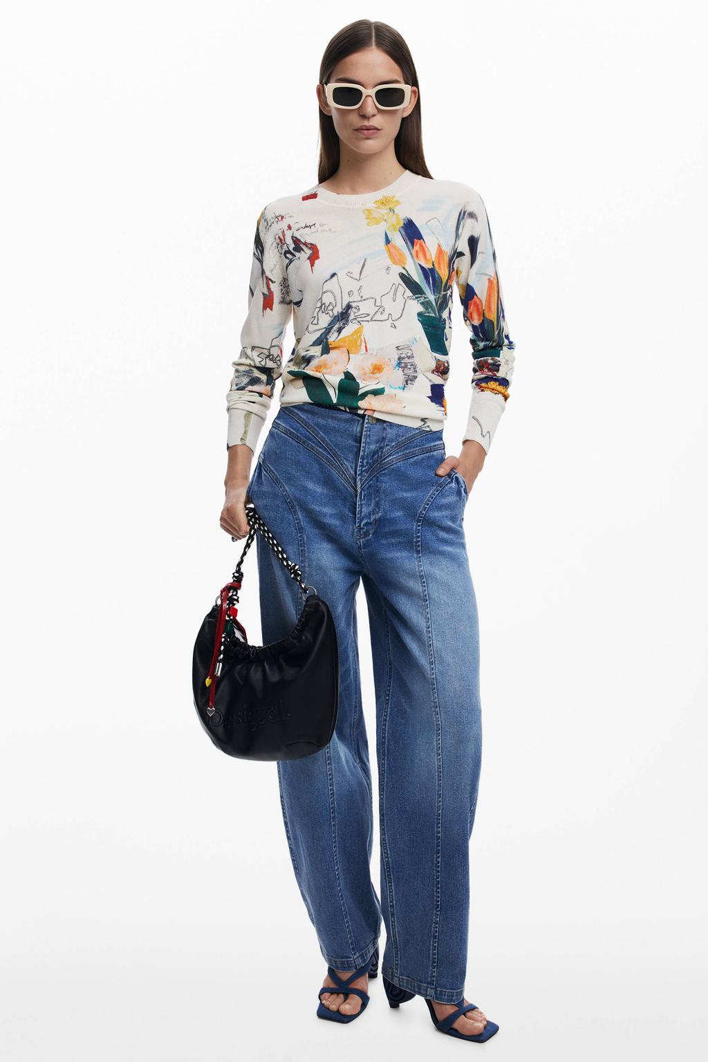 Ecru dames Desigual pullover van viscose met lange mouwen en ronde hals