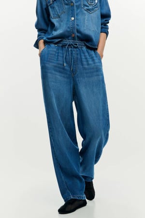 wide leg regular waist broek medium blue denim