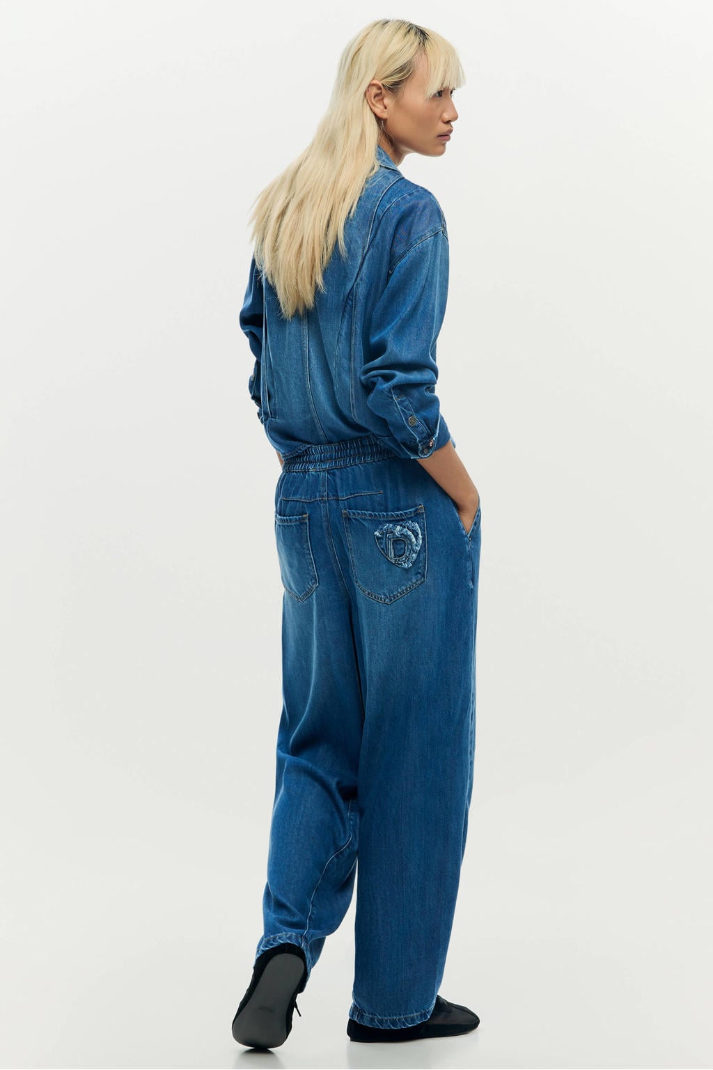 Medium blue denim dames Desigual wide leg regular waist broek van lyocell met effen