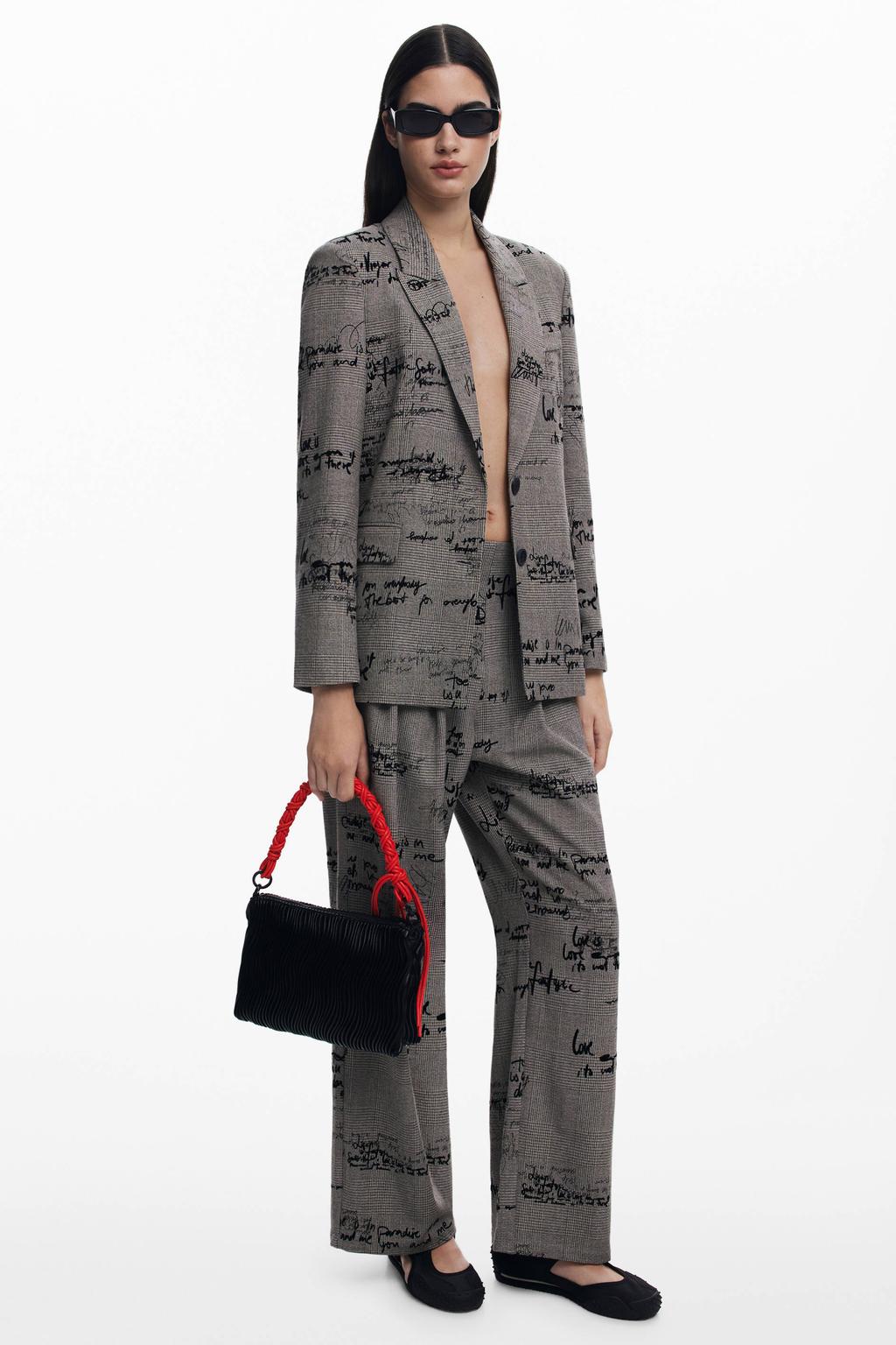 Grijs melange dames Desigual geruit regular blazer melange van polyester met lange mouwen, reverskraag en knoopsluiting