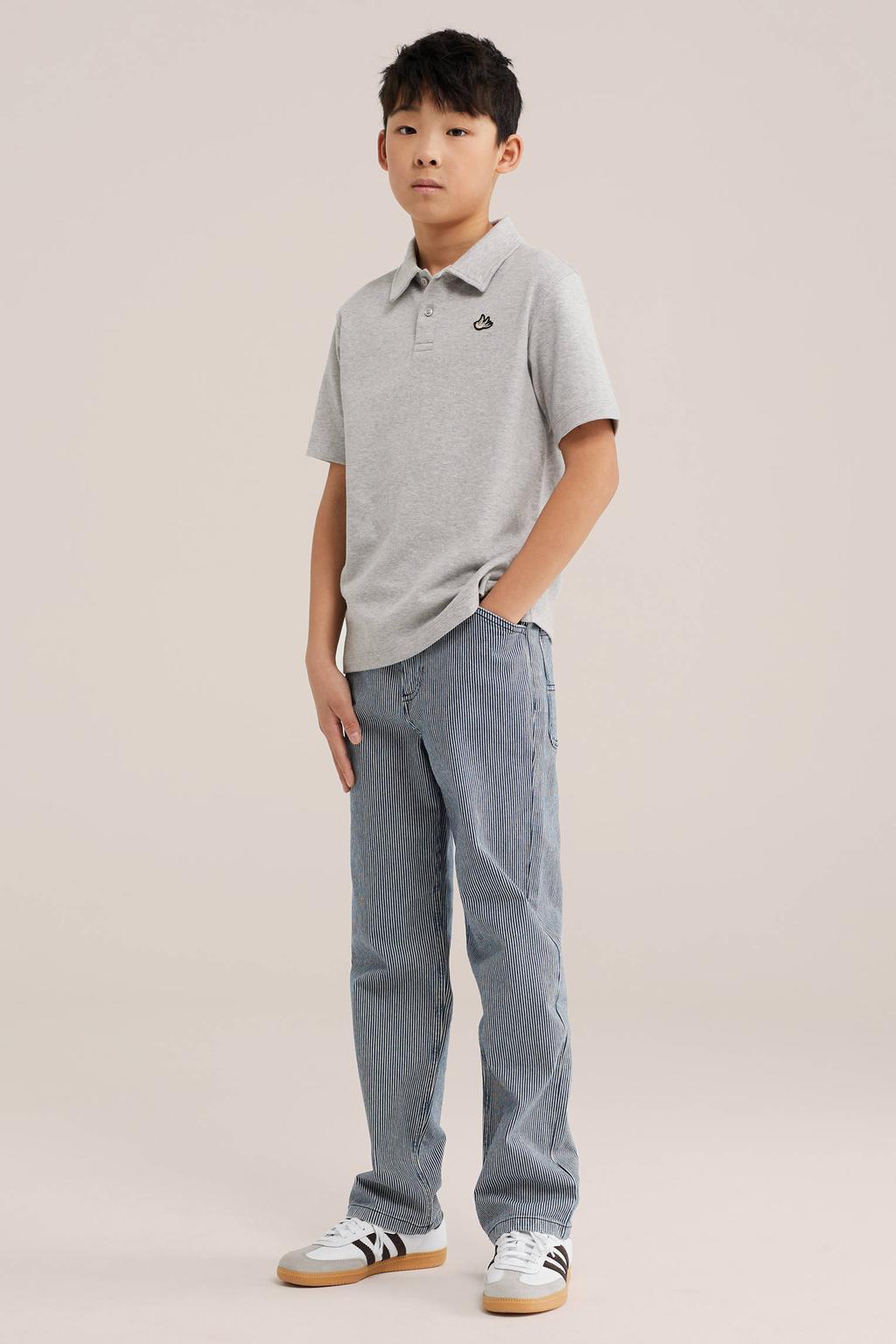 Grijs melange jongens WE Fashion polo melange van katoen met effen, korte mouwen en knoopsluiting