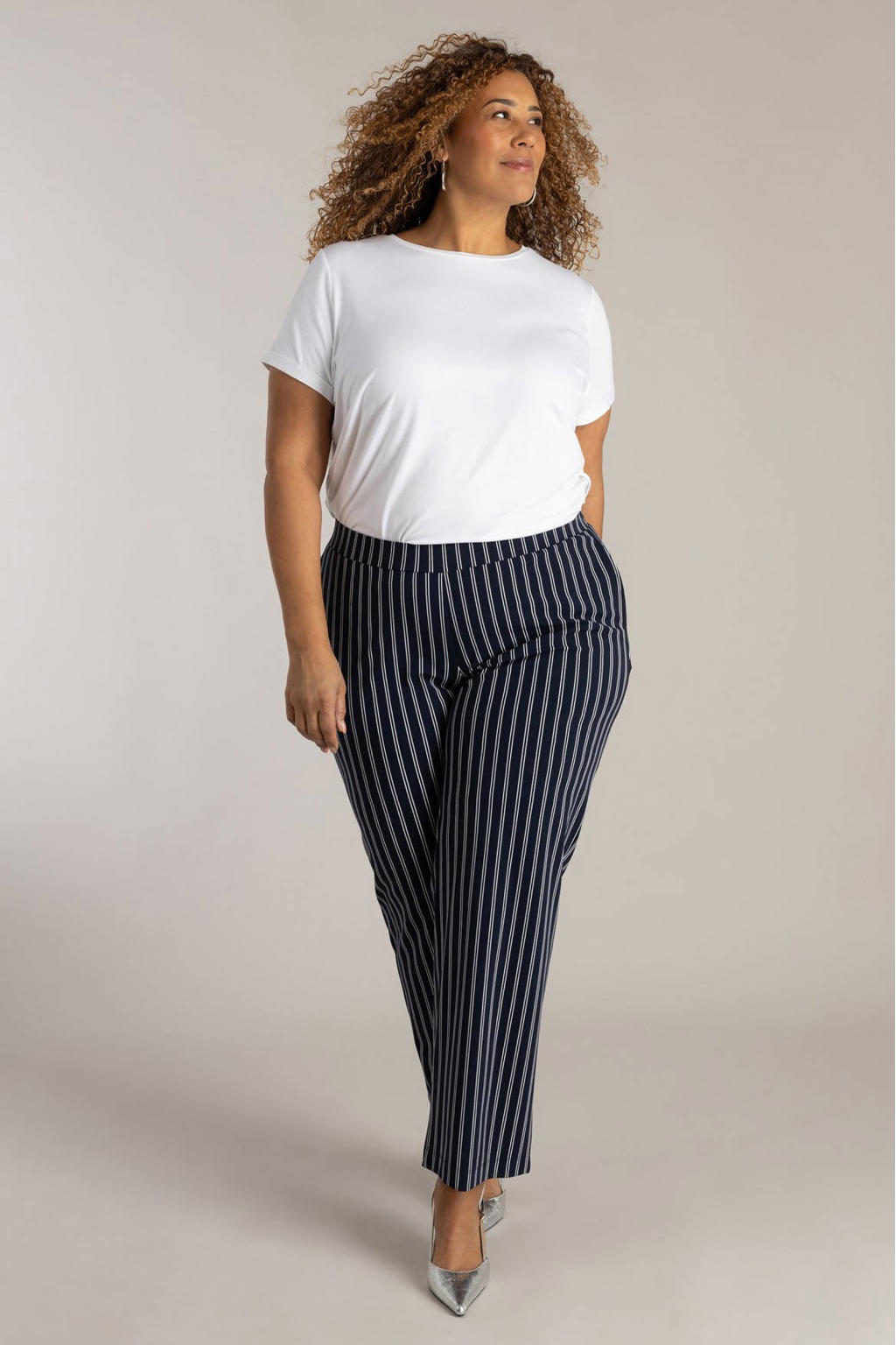 Donkerblauw en witte dames Colletta straight high waist gestreepte casual broek van polyamide met elastische tailleband