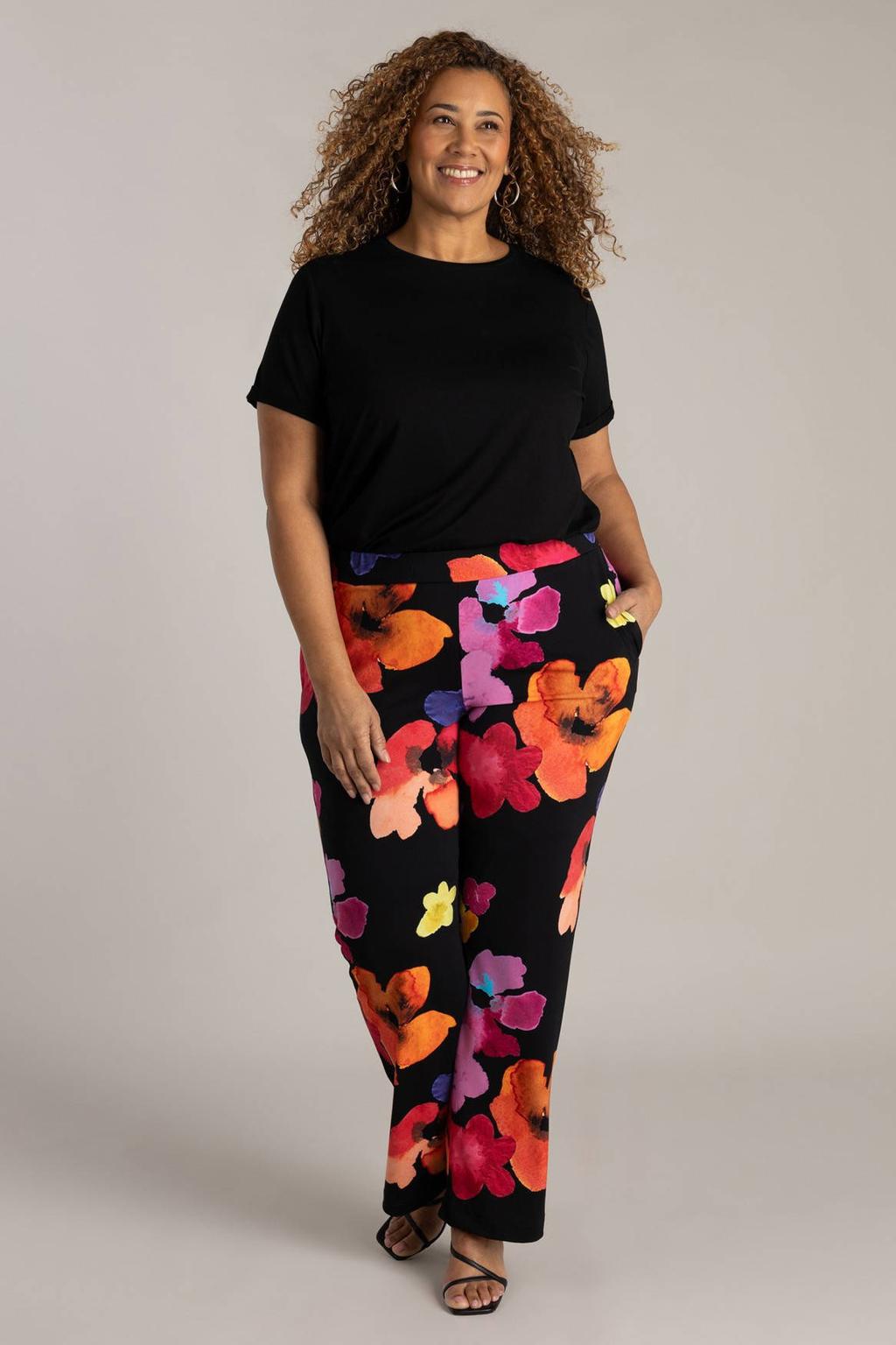 Zwart, oranje en roze dames Colletta straight high waist gebloemde broek van polyester met elastische tailleband
