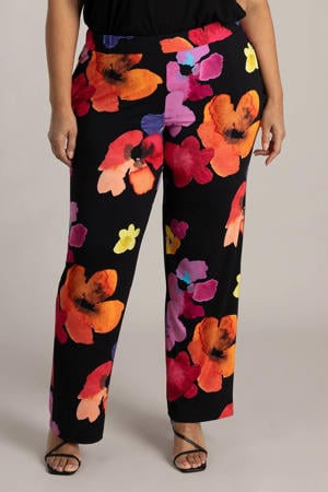 straight high waist gebloemde broek zwart