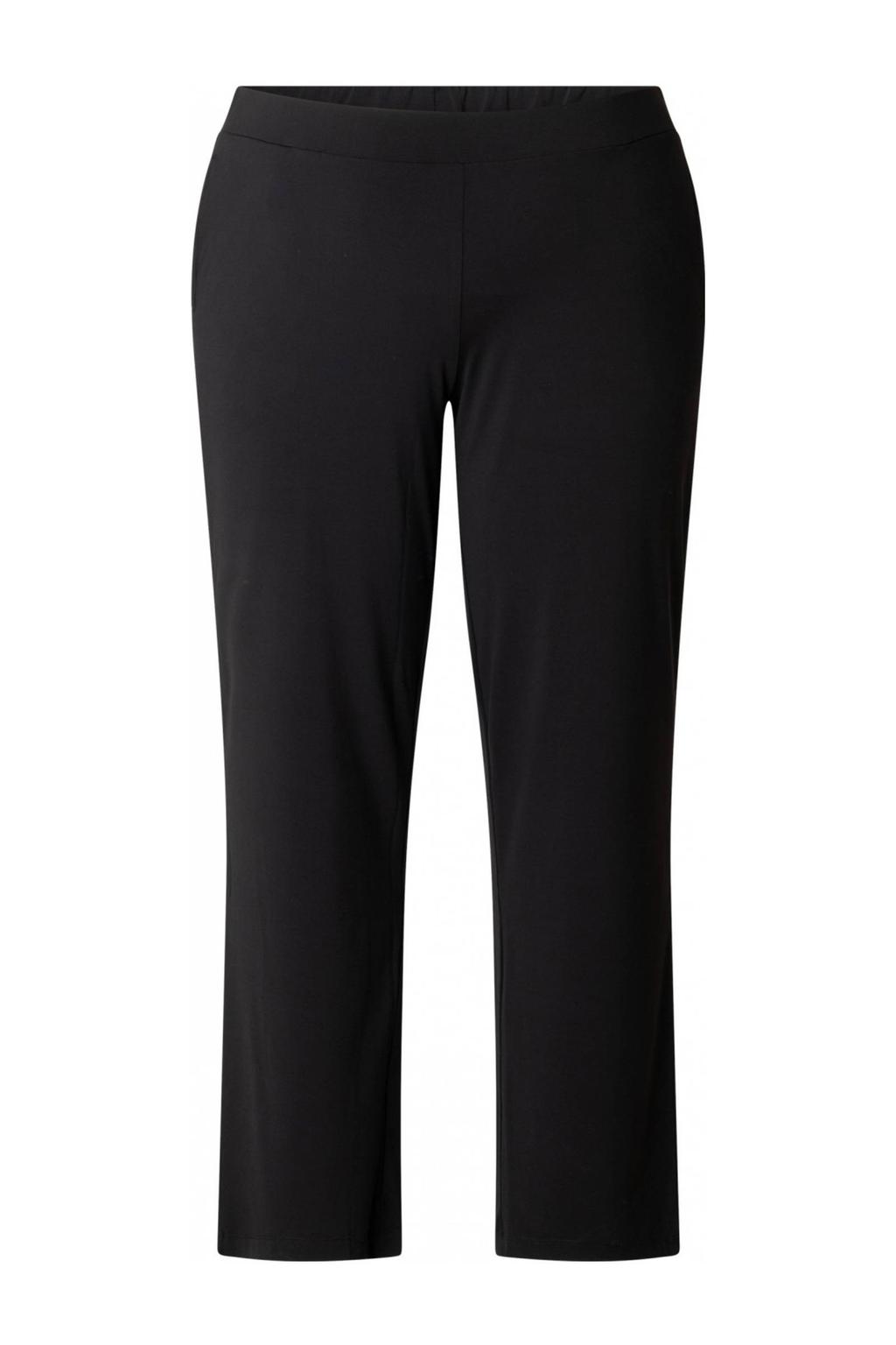 Zwarte dames Colletta straight high waist casual broek van polyester met elastische tailleband en effen