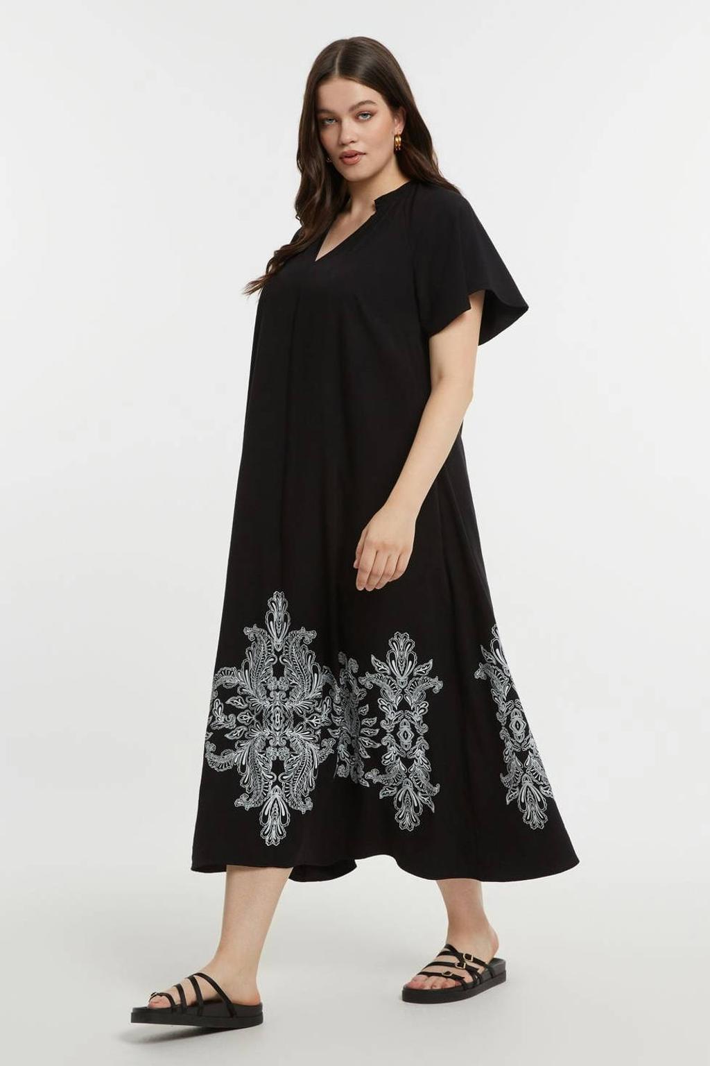 Zwarte dames Mat Fashion midi jurk van polyester met effen, korte mouwen en V-hals