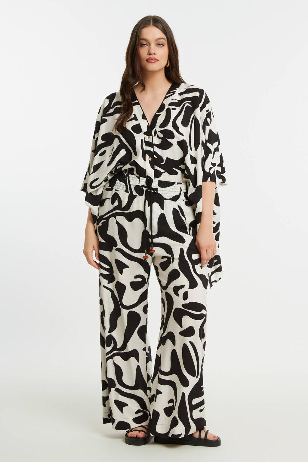 Zwart en witte dames Mat Fashion high waist broek van viscose met loose fit en elastische tailleband met koord