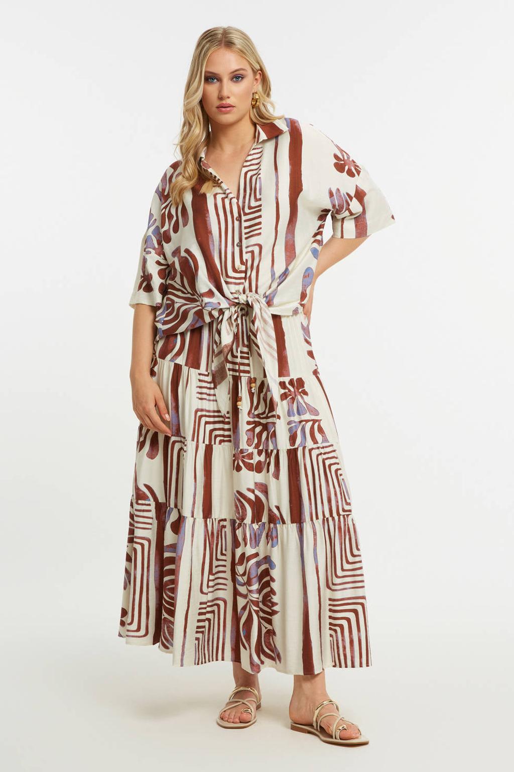 Ecru en bruine dames Mat Fashion blouse van viscose met korte mouwen, klassieke kraag en knoopsluiting
