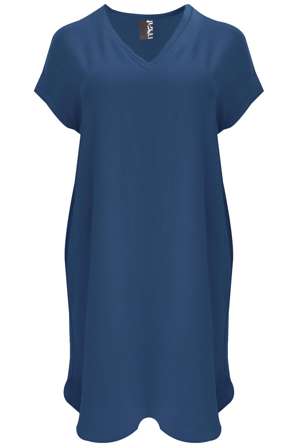 Blauwe dames Mat Fashion zomerjurk van polyester met effen, korte mouwen en V-hals