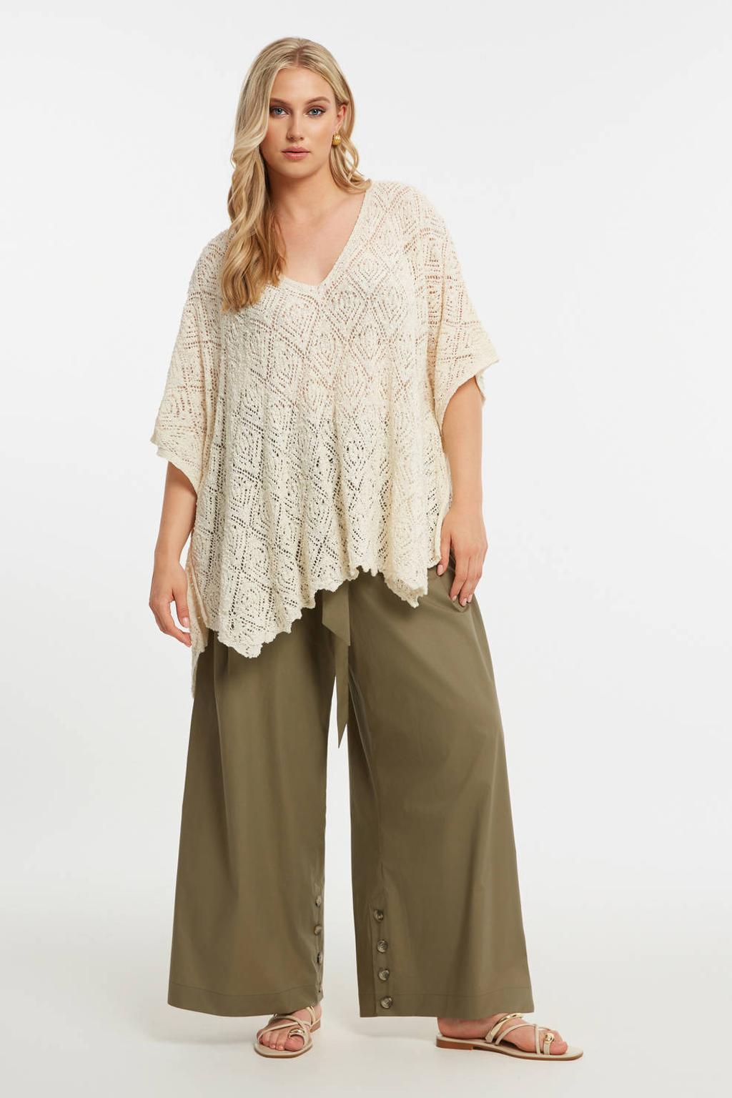 Ecru dames Mat Fashion kanten top met effen, half lange mouwen en V-hals