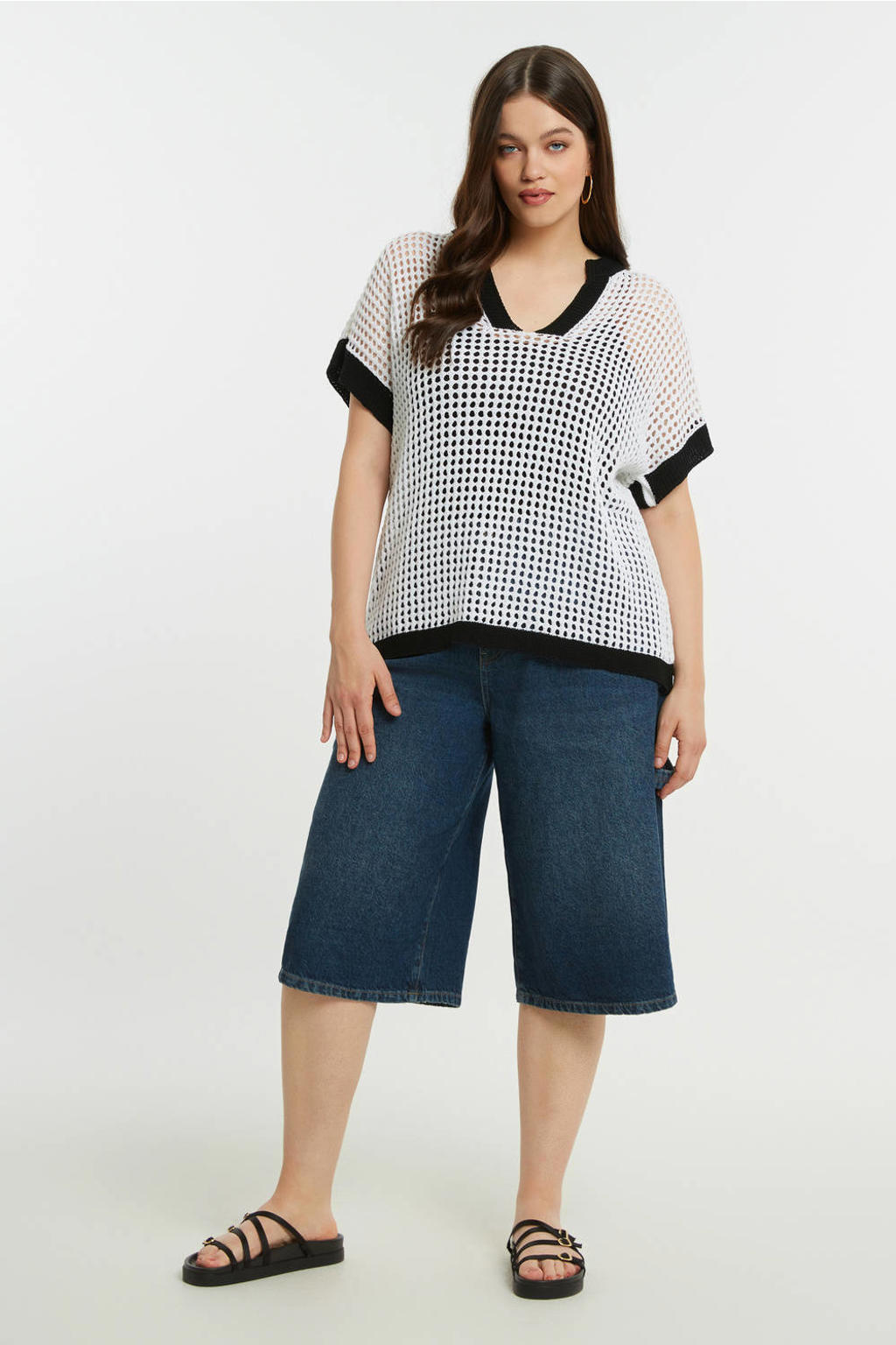 Witte dames Mat Fashion top van acryl met effen, korte mouwen en mao kraag