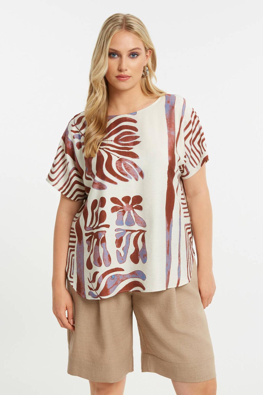 Ecru en bruine dames Mat Fashion top van viscose met korte mouwen en ronde hals