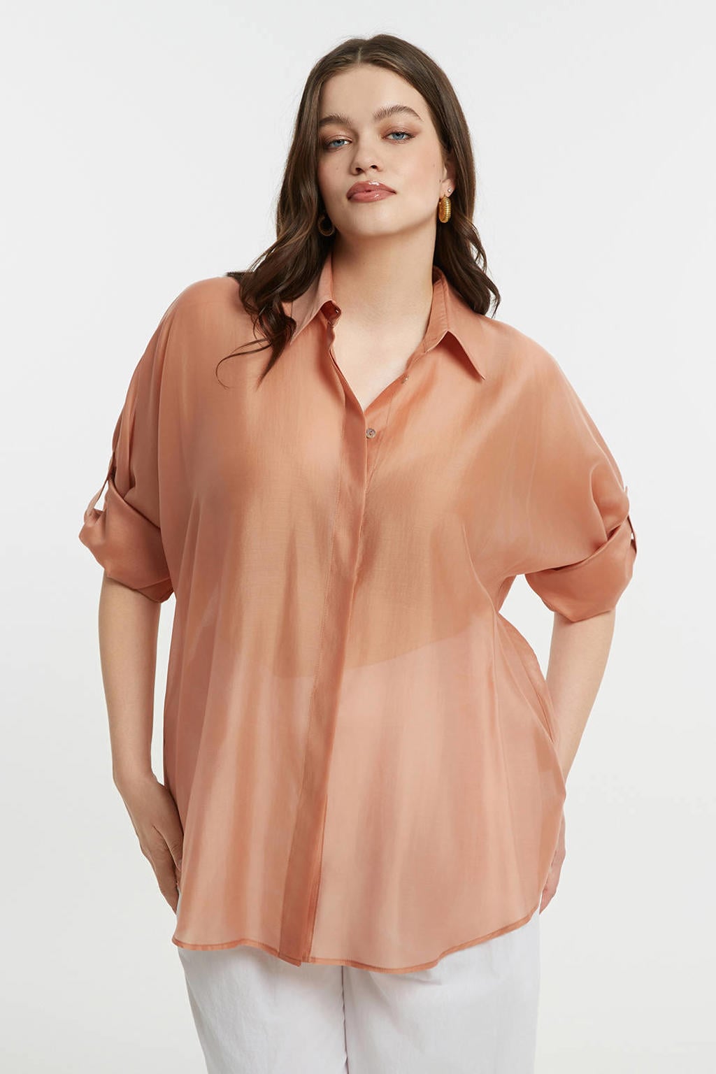 Lichtroze dames Mat Fashion blouse van polyester met effen, lange mouwen, klassieke kraag en knoopsluiting