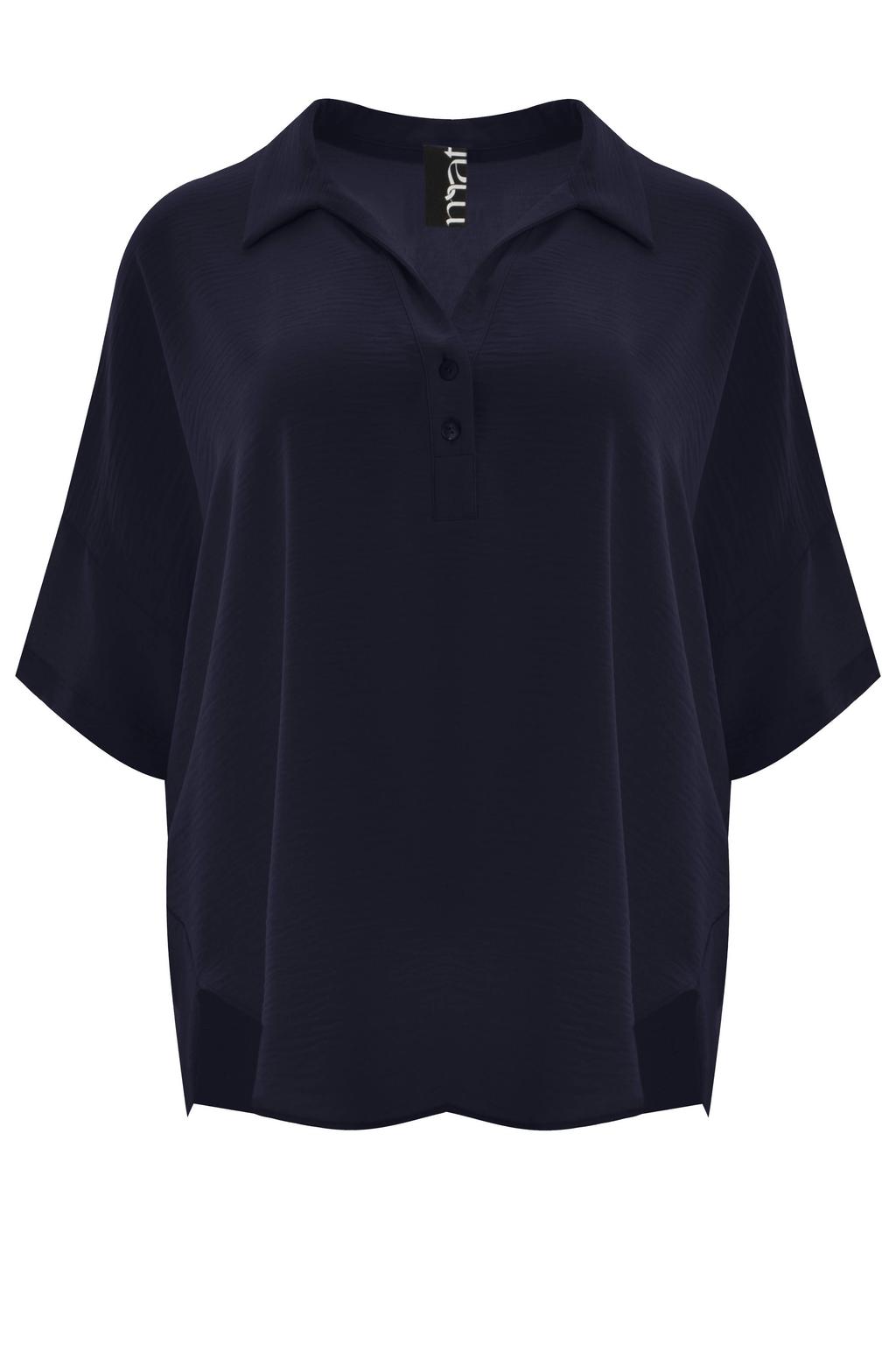 Donkerblauwe dames Mat Fashion top van polyester met effen, korte mouwen en klassieke kraag