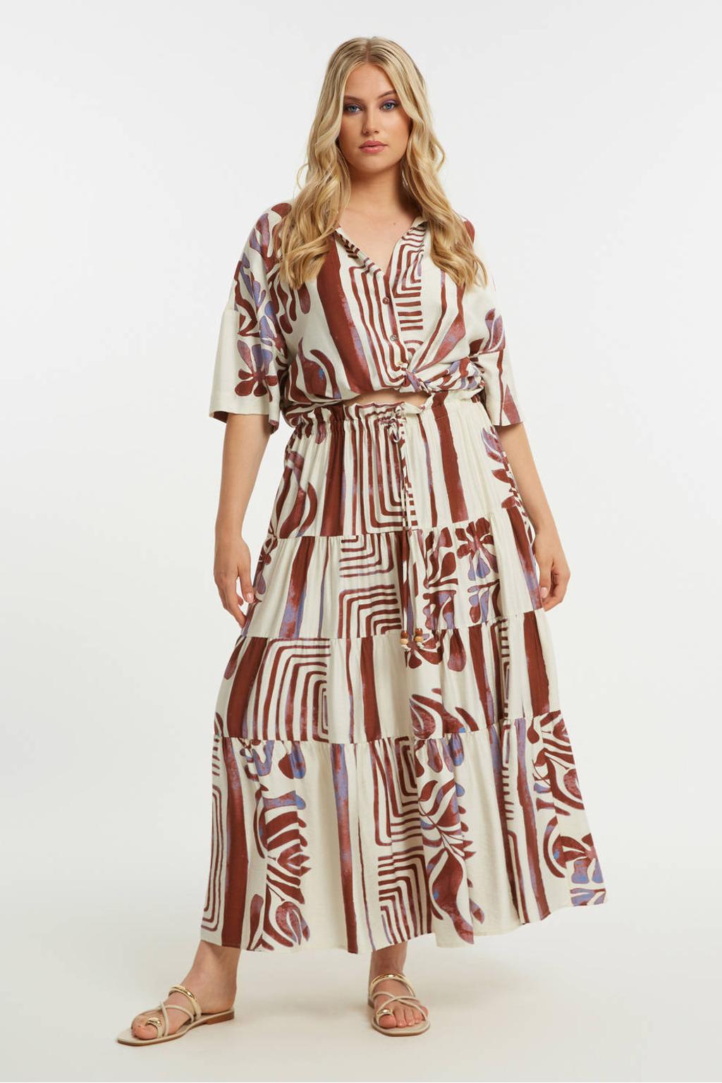Ecru dames Mat Fashion maxi rok gemaakt van viscose en met elastische tailleband met koord