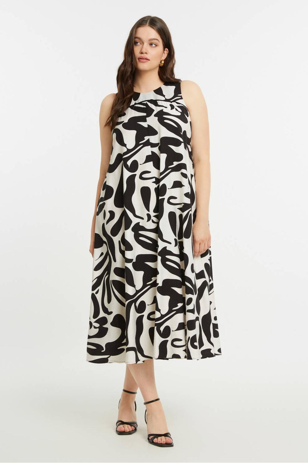Zwart en witte dames Mat Fashion midi jurk van viscose met ronde hals en knoopsluiting