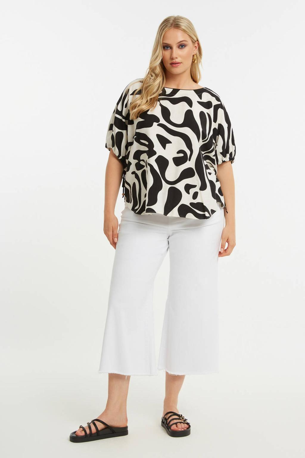Zwart en witte dames Mat Fashion top van viscose met korte mouwen en ronde hals
