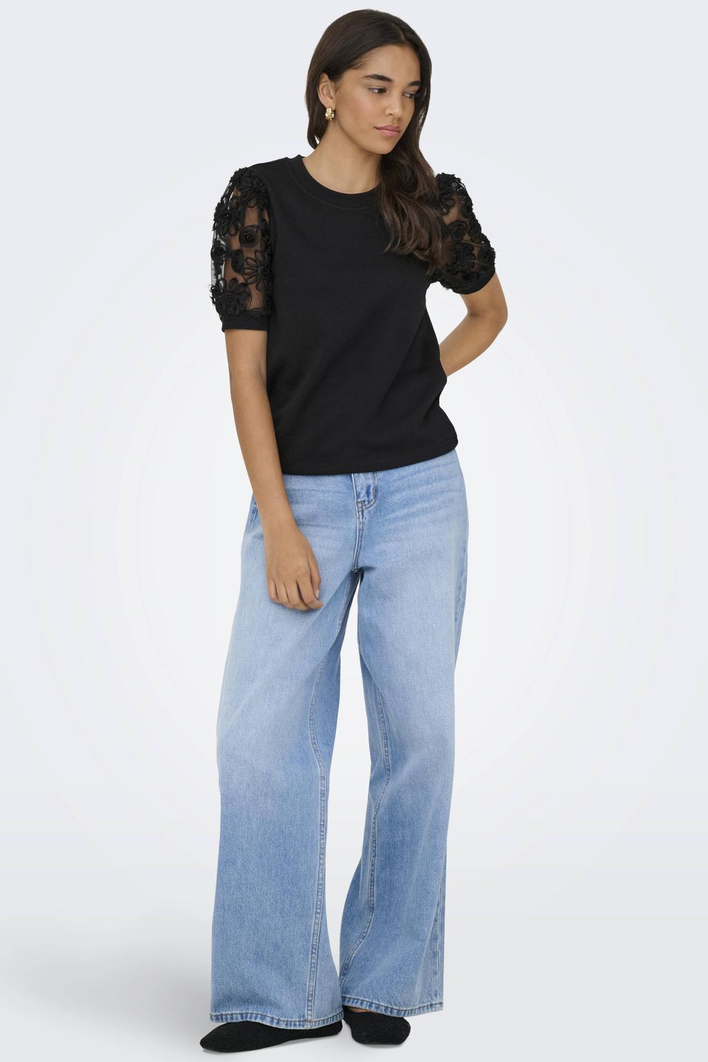Zwarte dames JDY top van polyester met effen, korte mouwen, ronde hals en semi-transparante details