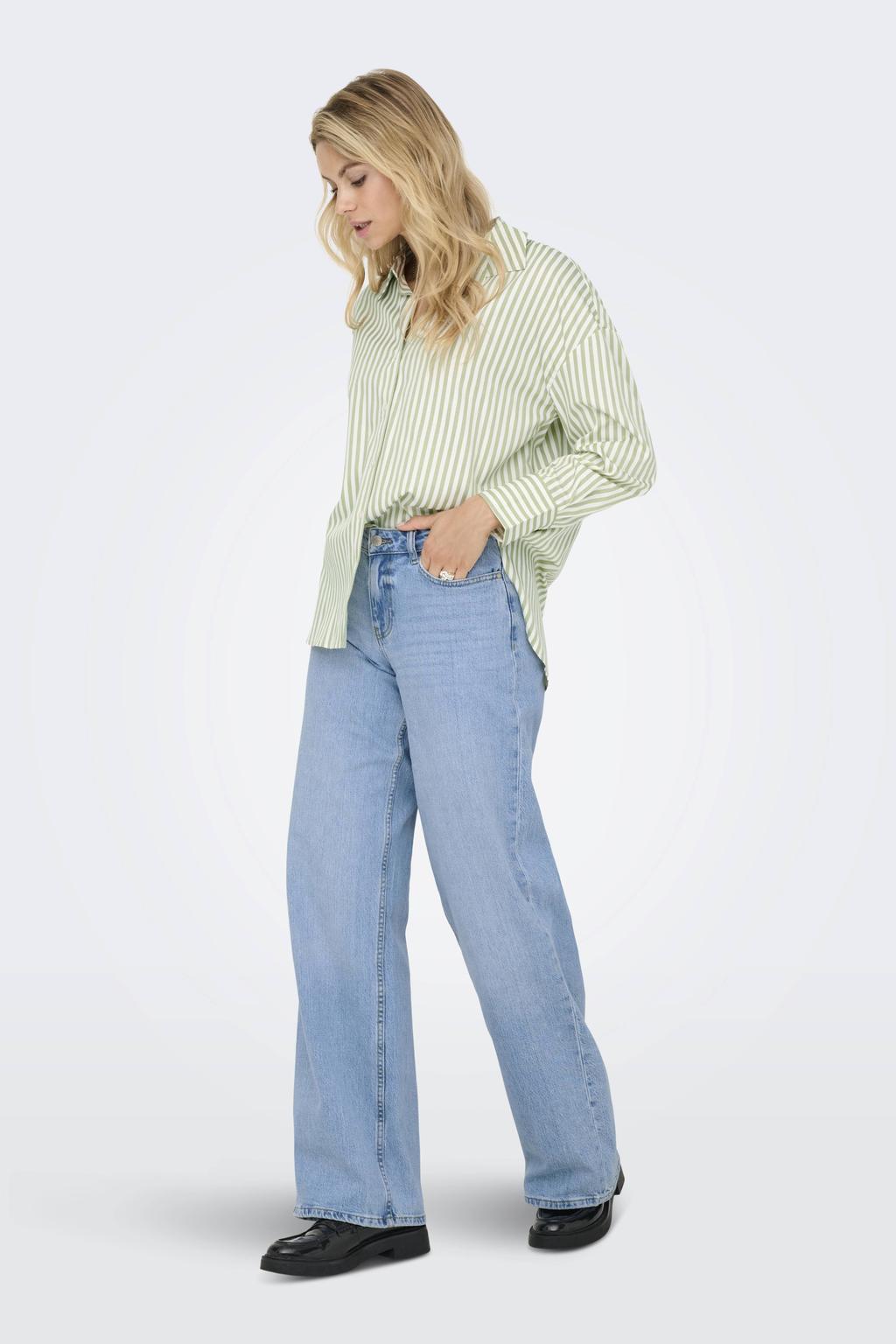 Lichtgroen en witte dames JDY gestreepte blouse van polyester met lange mouwen, klassieke kraag, knoopsluiting en geweven detail