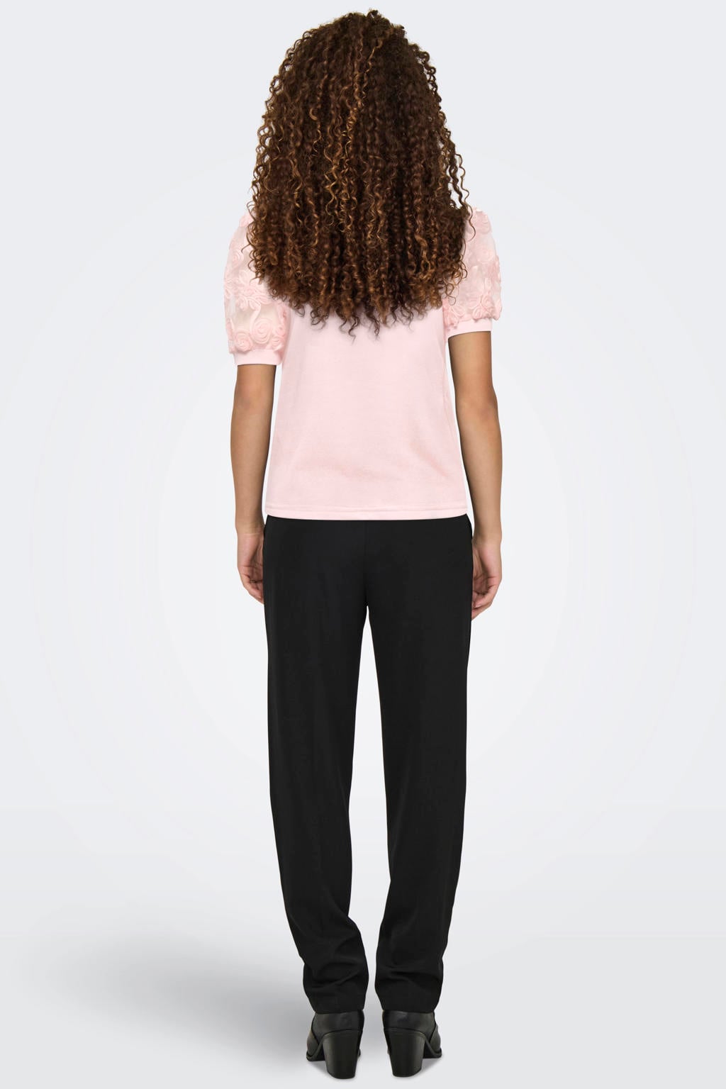 Lichtroze dames JDY top van polyester met effen, korte mouwen, ronde hals en 3D applicatie