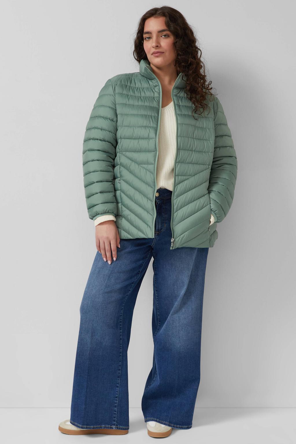 Turquoise dames s.Oliver Curve licht gewatteerde jas van polyester met effen, lange mouwen en col