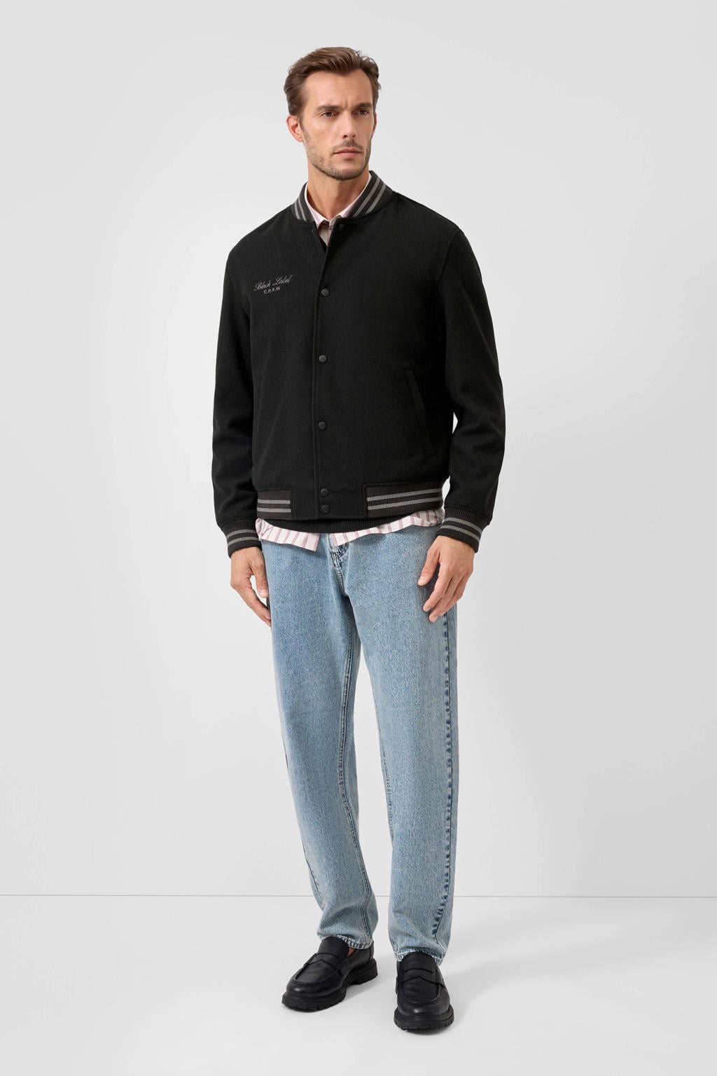Zwarte heren s.Oliver BLACK LABEL baseball jacket van polyester met effen, lange mouwen, opstaande kraag, drukknoopsluiting en patches