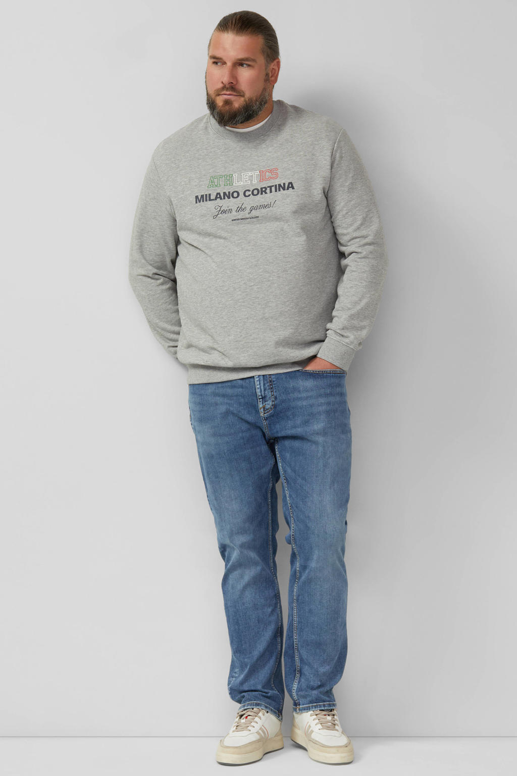 Grijze heren s.Oliver Big Size sweater met printopdruk, lange mouwen, ronde hals en geribde boorden