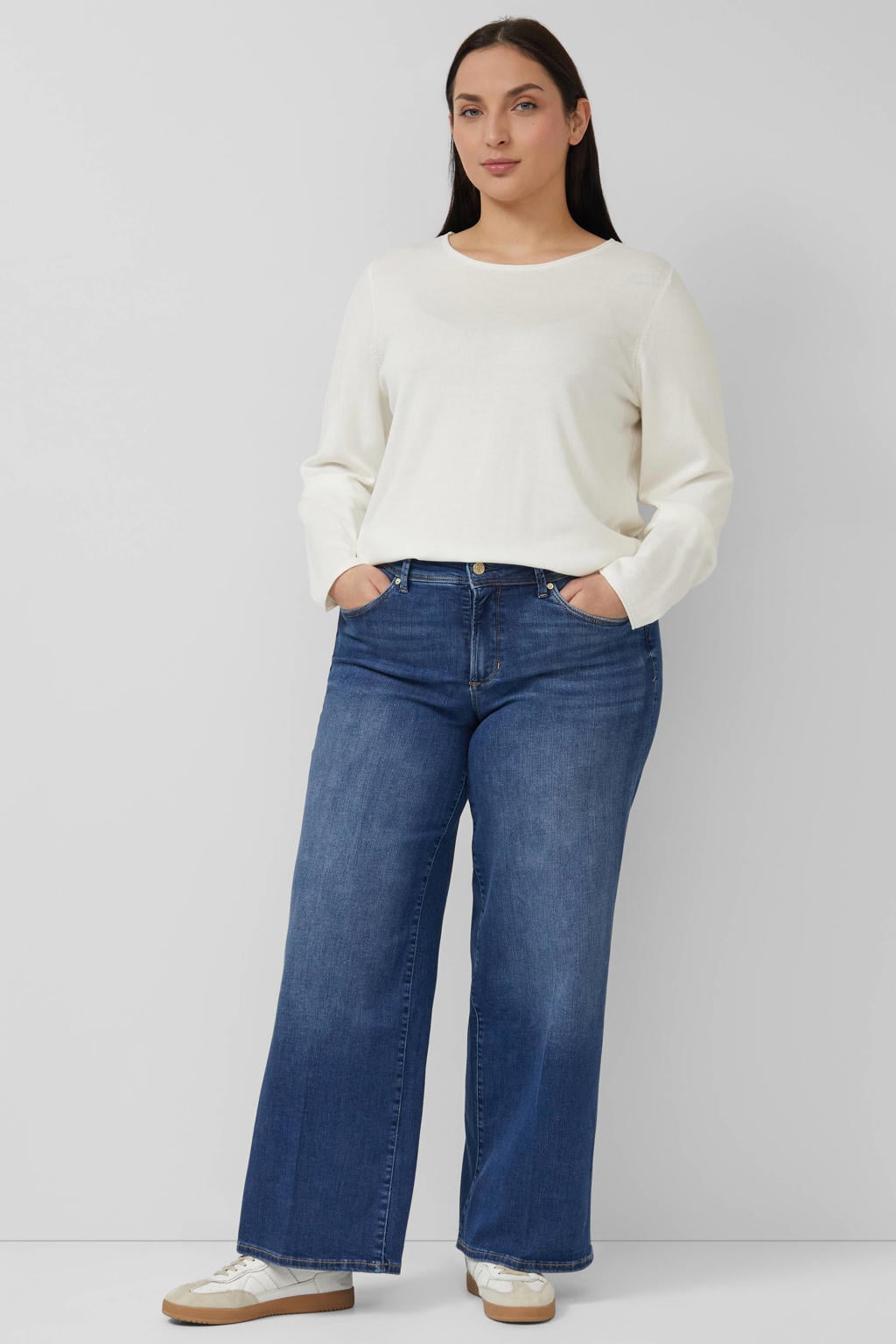 Medium blue denim dames s.Oliver Curve wide leg jeans van denim met rits- en knoopsluiting en effen