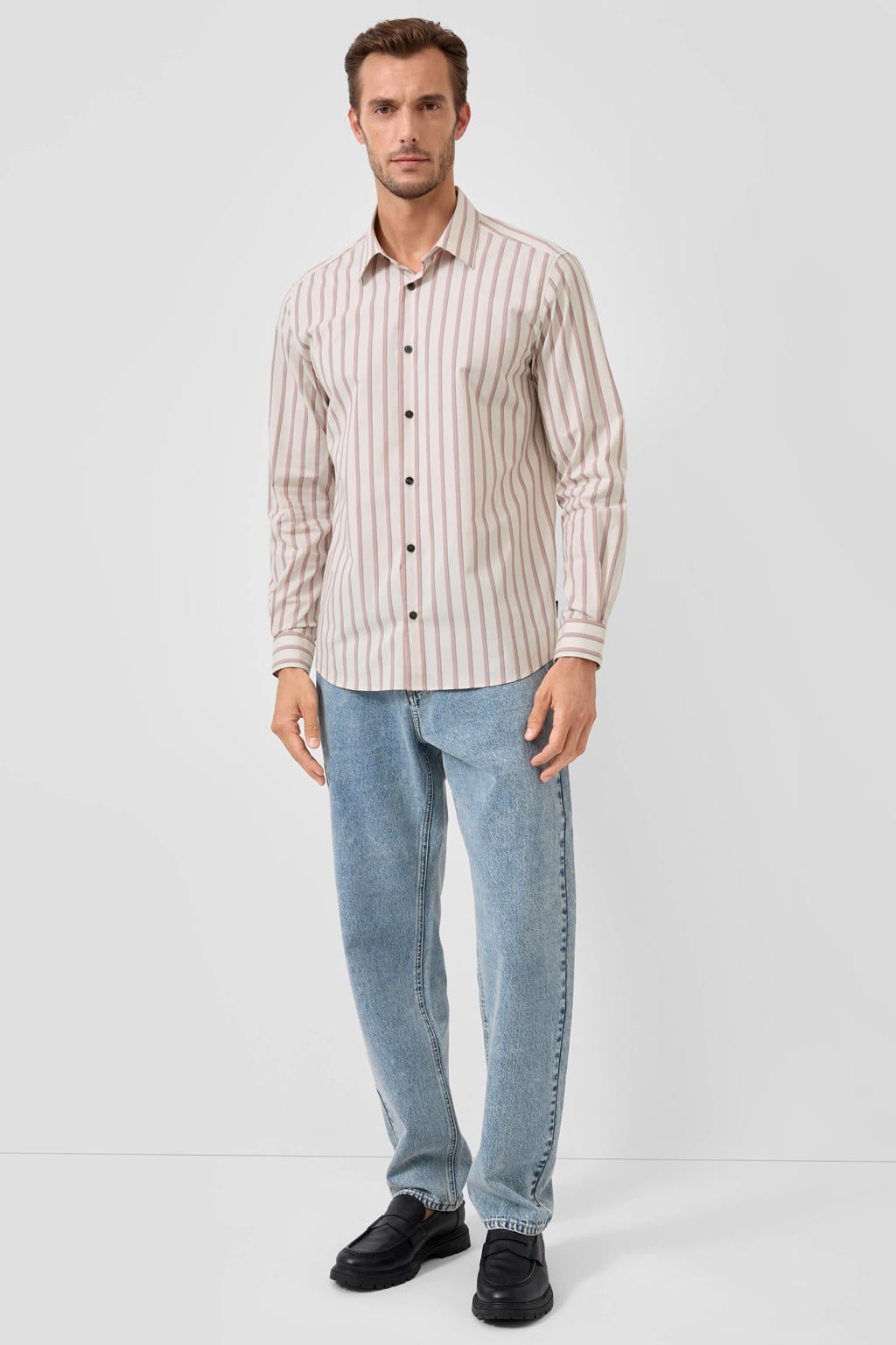Beige heren s.Oliver BLACK LABEL regular gestreepte casual overhemd van katoen met lange mouwen, klassieke kraag en knoopsluiting